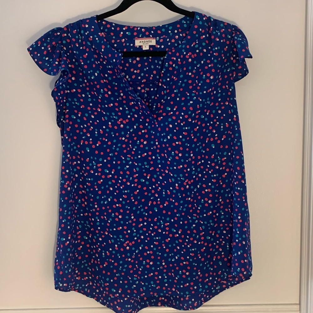 Andree by Unit Blue Blouse with Aqua, Fushia and White Polka Dots.